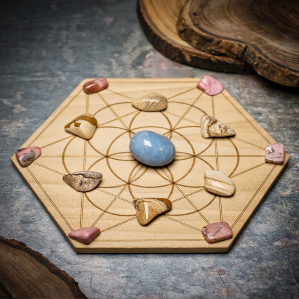 Peace and Harmony Mini Crystal Grid Set - Your choice of Wood Grid Board